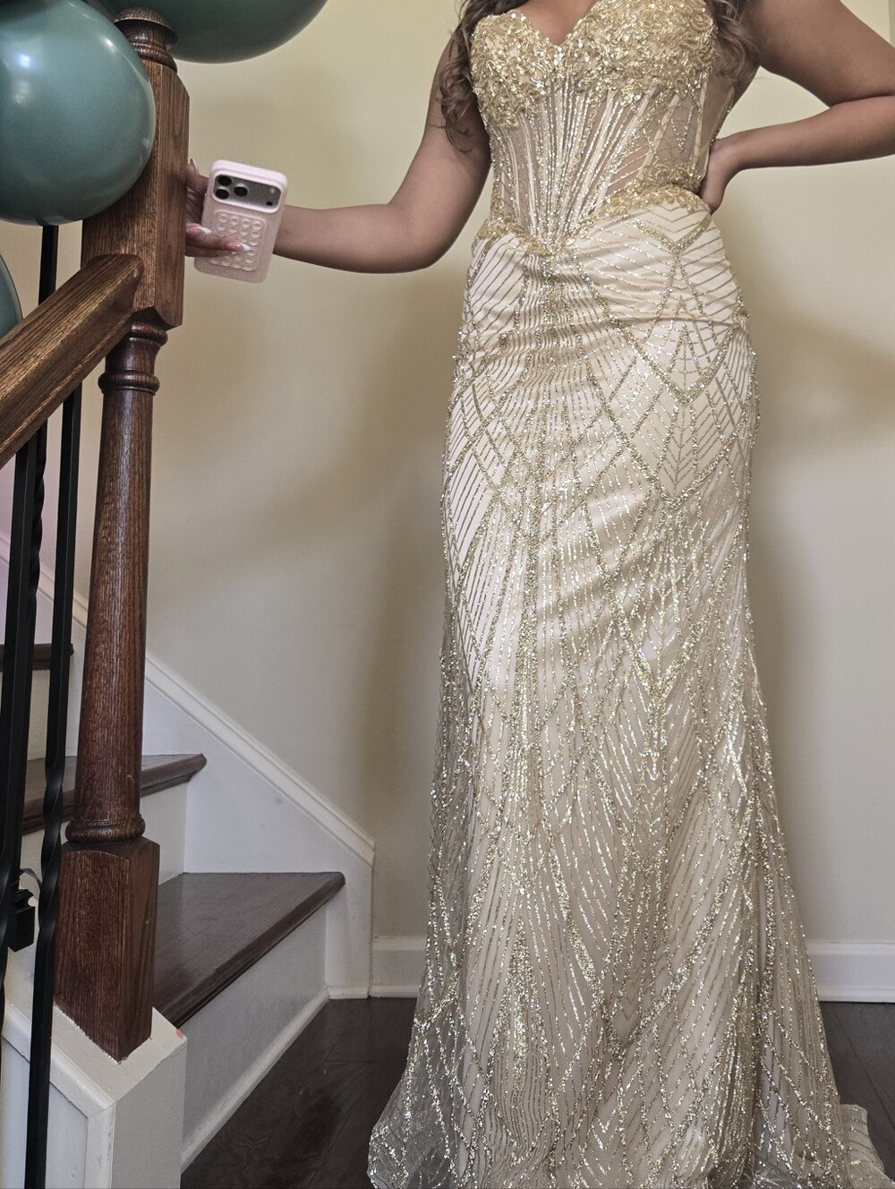 Gold Beaded Strapless Evening Gown